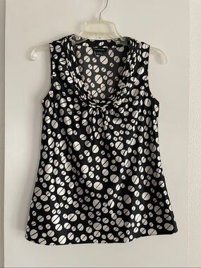 Spense Satin Black White Polka Dot Sleeveless Scoop Neck Blouse Top